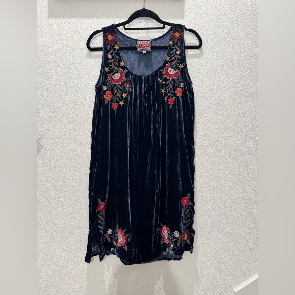 Johnny Was velvet embroidered shift dress in midnight blue
